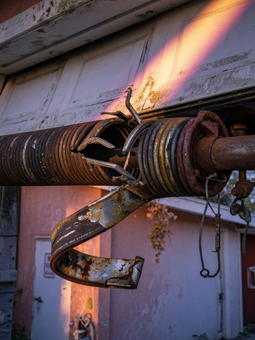 Close-up ultra-realistic 8K image of a rusted and broken garage door torsion spring on a residential door in Southwest Florida, dramatic lighting, high detail texture of metal fatigue