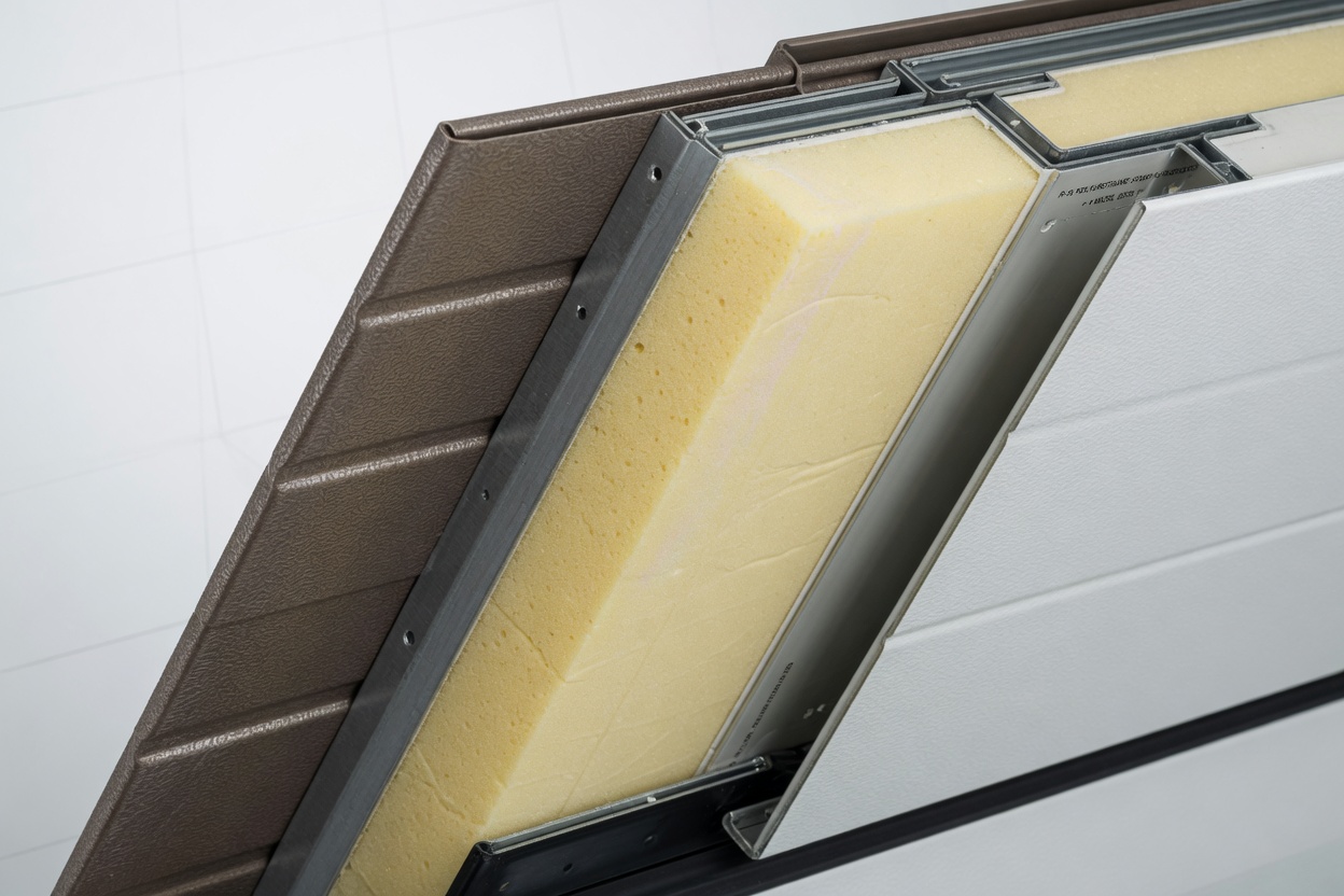 Close-up 8K image of the cross-section of a double steel insulated garage door showing polyurethane foam core between two steel layers, clean cutaway view, technical product photography style with perfect lighting