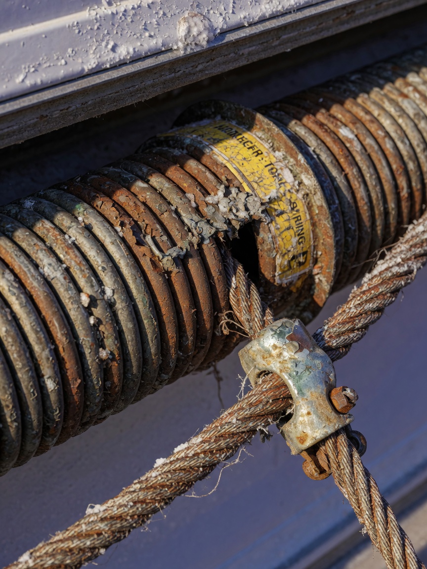 Close-up ultra-realistic 8K image of a rusty torsion spring and corroded cable on a garage door affected by salt air in Cape Coral FL, dramatic lighting, showing oxidation and wear, technical detail, sharp focus