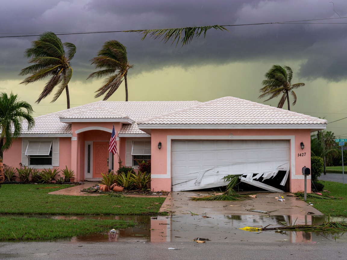 Photorealistic 8K wide shot of a Cape Coral Florida home with storm-damaged garage door slightly off track after tropical storm, palm trees and dark clouds in background