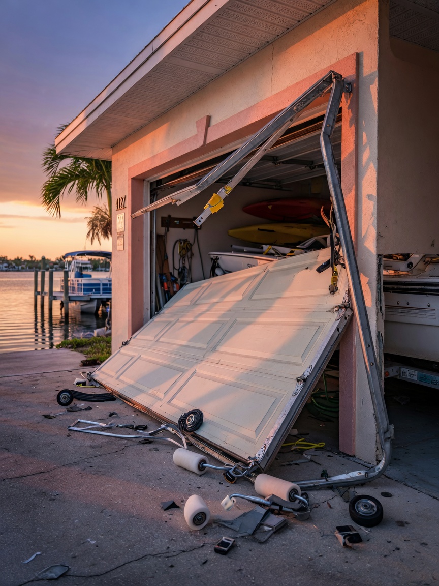 Ultra-realistic 8K photograph of a garage door completely off its track on a waterfront Cape Coral home, dramatic lighting, showing bent rail and damaged rollers