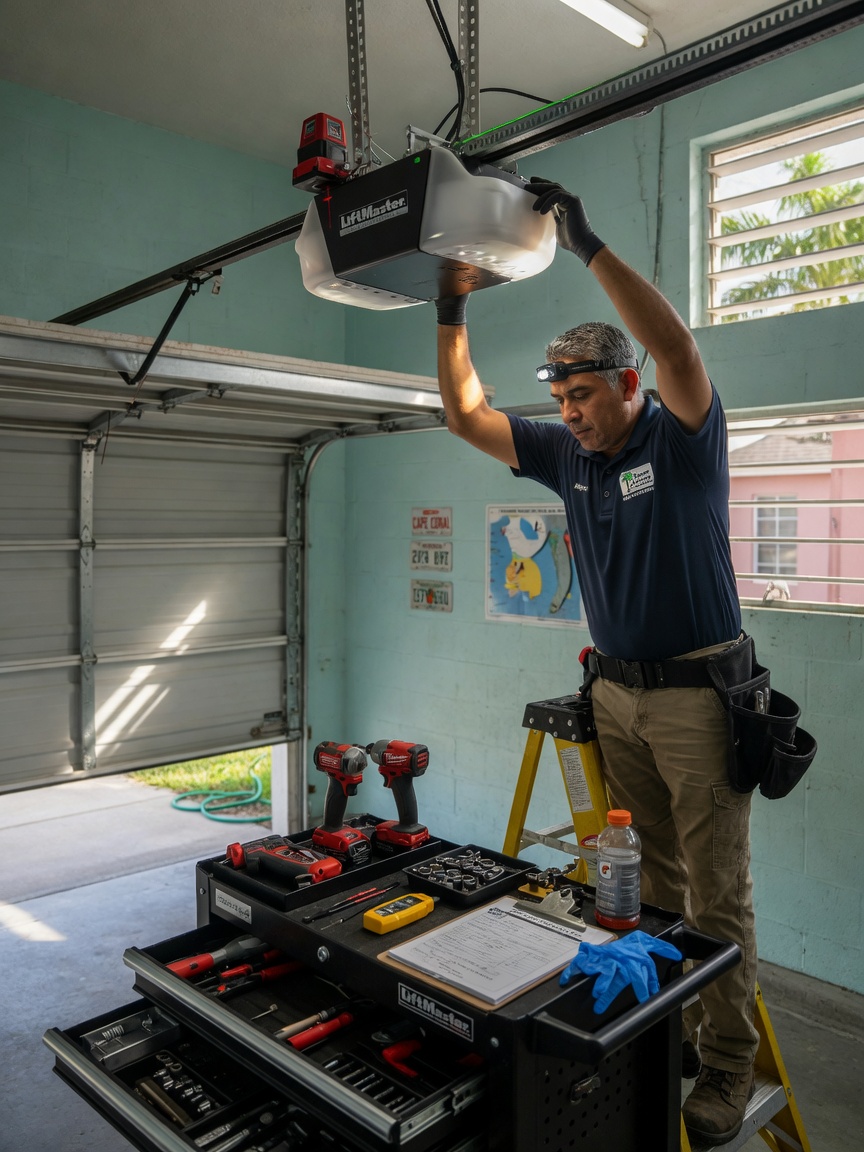 Professional technician from Ido Garage Door Repair in uniform repairing a garage door opener in a Cape Coral garage, tools neatly organized, realistic 8K photography
