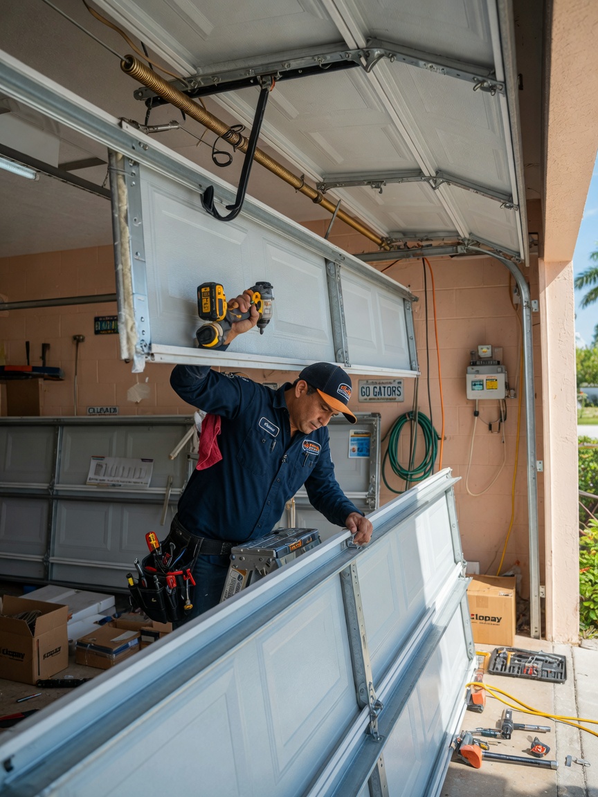 Professional technician from Ido Garage Door Repair installing a new double steel insulated garage door in a Cape Coral garage, wearing uniform, tools visible, realistic action shot in natural daylight