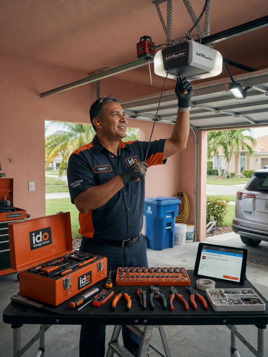 Professional technician from Ido Garage Doors in uniform repairing a garage door opener in a Cape Coral 33904 garage, tools neatly arranged, realistic lighting, trustworthy expression, 8K resolution