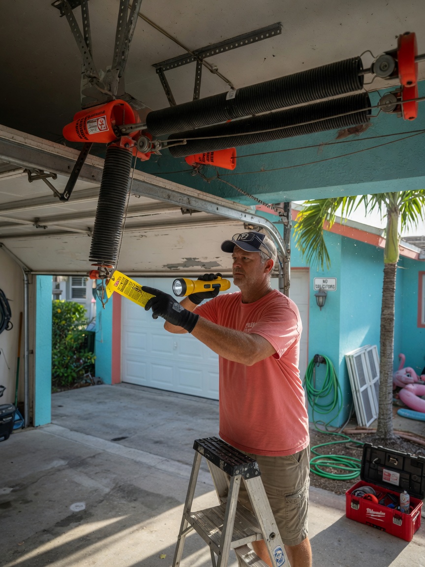 Ultra-detailed 8K image of a homeowner performing safe visual inspection of garage door springs while wearing gloves, Southwest Florida suburban setting, natural lighting
