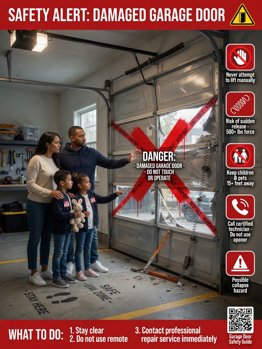 Ultra-realistic 8K safety infographic style image showing a family staying clear of a damaged garage door with red warning overlays and safety icons, clean instructional composition