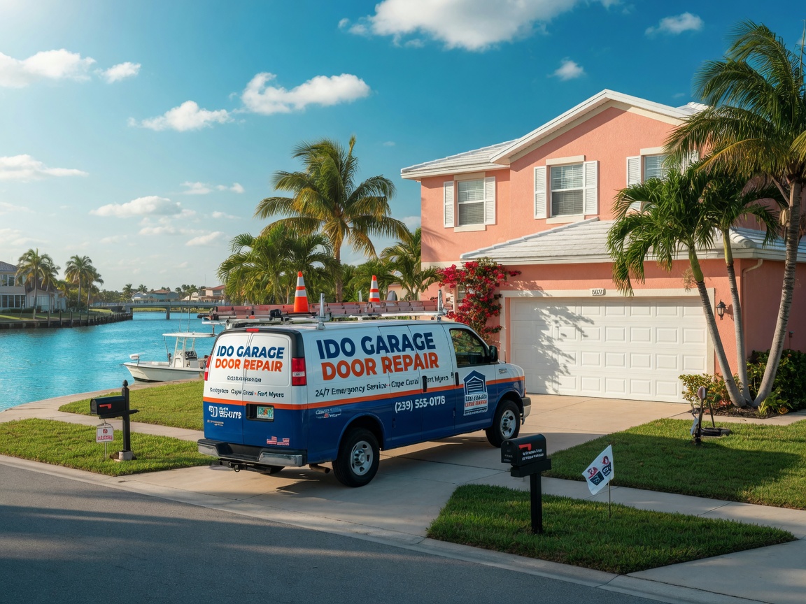 Professional 8K image of Ido Garage Door Repair service van parked in front of a beautiful Cape Coral residence with perfectly working garage door, sunny Florida weather, palm trees and canal in distance
