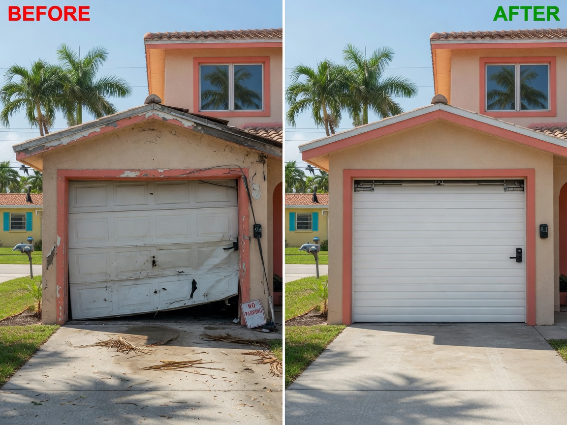 Ultra-realistic 8K before and after split image showing a damaged sagging garage door on left and perfectly aligned smooth operating door on right in a Florida neighborhood