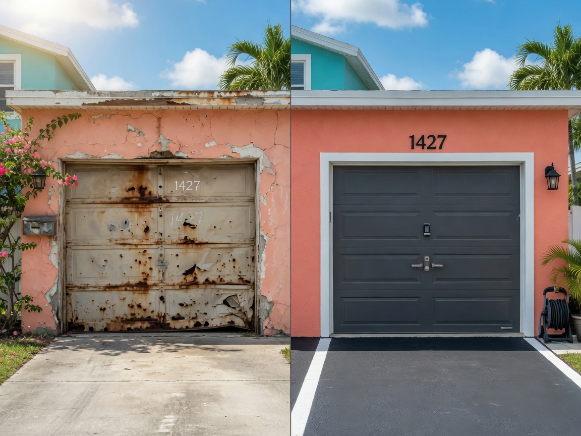 Before and after split image showing an old rusty dented garage door on left and a sleek new double steel insulated garage door on right at the same Cape Coral house, sunny day, ultra-realistic 8K