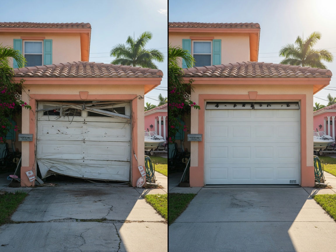 Before and after split image showing a damaged sagging garage door on left and perfectly balanced repaired door on right in a Cape Coral residential setting, natural daylight, 8K ultra realistic