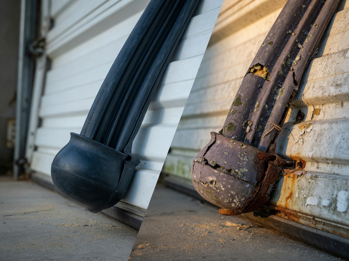 8K cinematic photo showing comparison of new vs heavily corroded garage door bottom weather seal affected by Florida humidity and UV damage