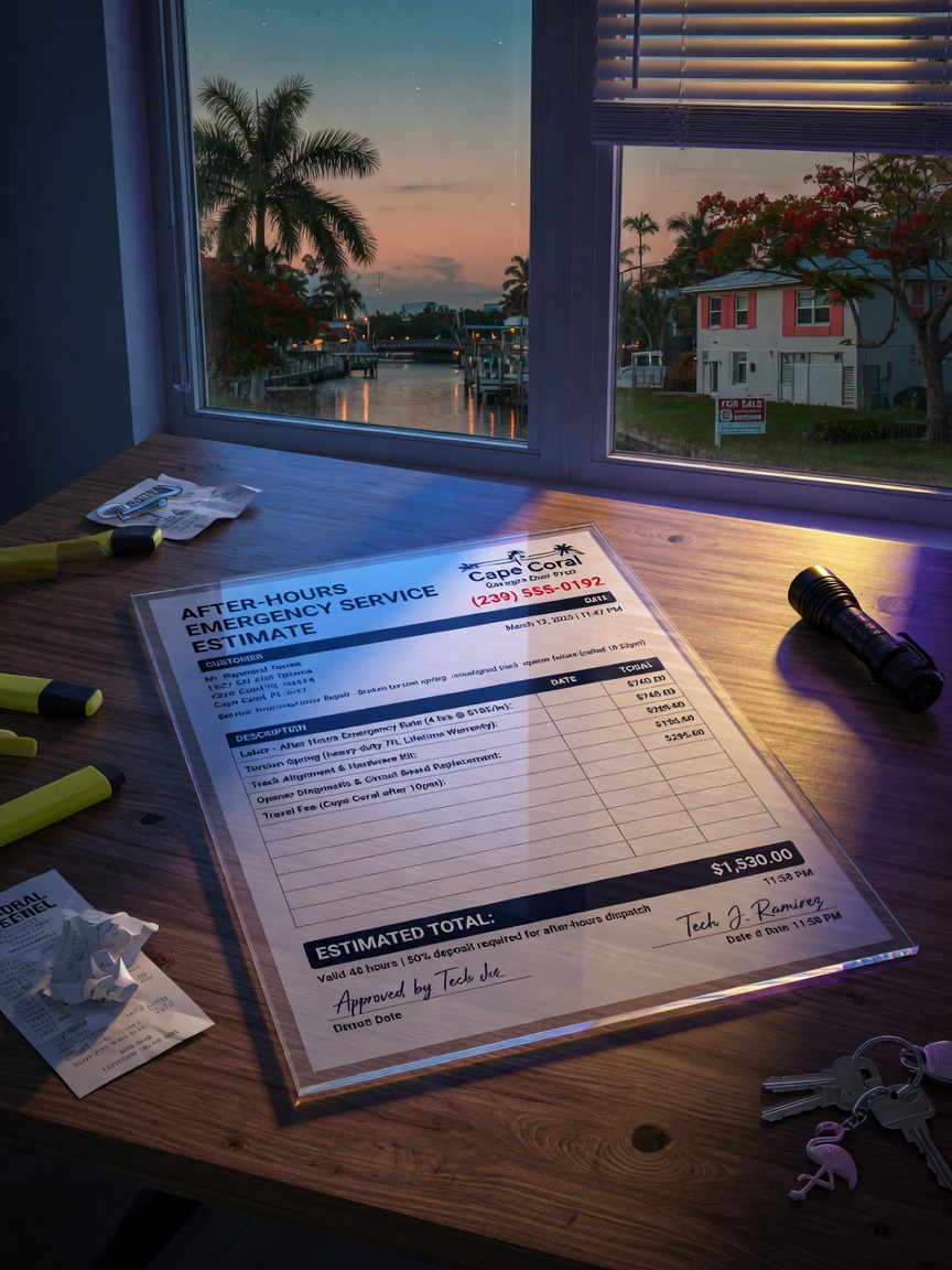 Detailed 8K photograph of a transparent cost estimate document for after-hours garage door repair on a wooden table with Cape Coral Florida background visible through window
