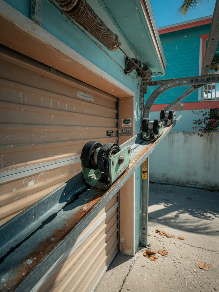Detailed 8K photograph of garage door rollers and track system with visible wear, coastal Florida home setting, natural daylight, technical precision
