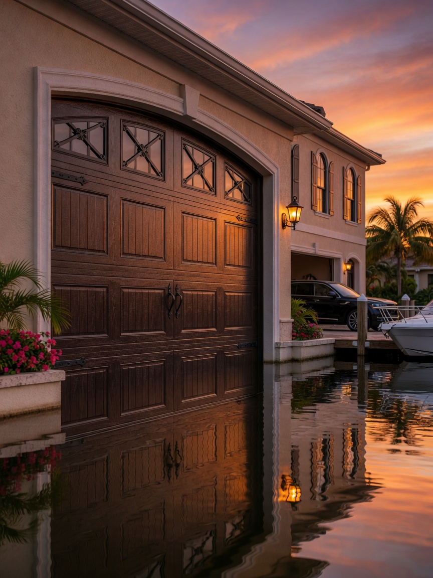 Elegant carriage house style new double steel insulated garage door in dark brown wood grain finish on a luxury Cape Coral waterfront home, sunset lighting, reflections on water, 8K photorealistic