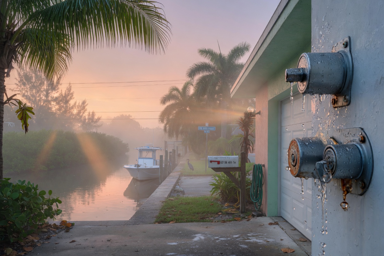 Ultra-realistic 8K photo of humid coastal morning in Cape Coral Florida with condensation on garage door hardware, salt mist in air, early sunrise light, atmospheric and detailed