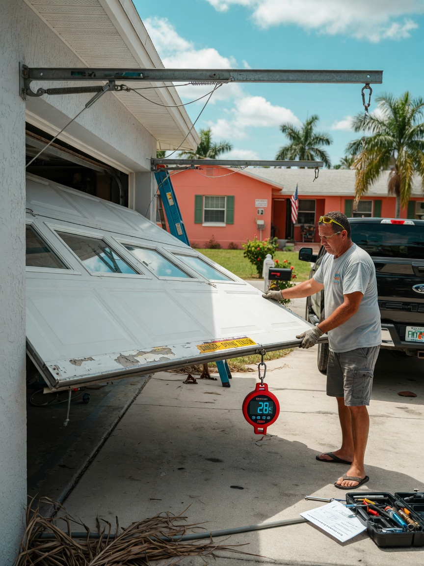 Hyper-realistic 8K image of a garage door balance test being performed by a homeowner, door halfway open, residential driveway in Fort Myers Florida