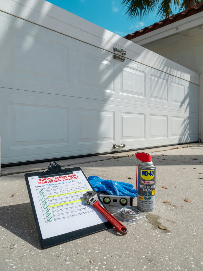 Ultra-realistic 8K image of a monthly garage door maintenance checklist on a clipboard with tools and lubricant spray next to a white garage door in bright Florida sunlight