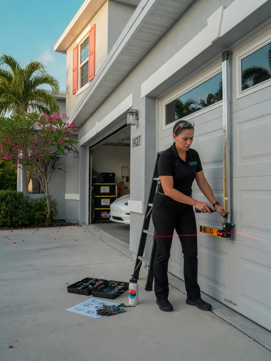 Ultra-realistic 8K photo of a technician aligning garage door sensors on a modern Cape Coral home, safety glasses, focused expression, clean residential driveway