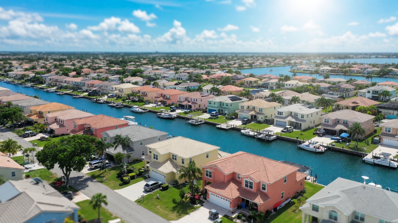 Aerial realistic 8K view of Cape Coral Florida 33904 residential neighborhood with waterfront homes and visible garage doors, bright sunny Florida day