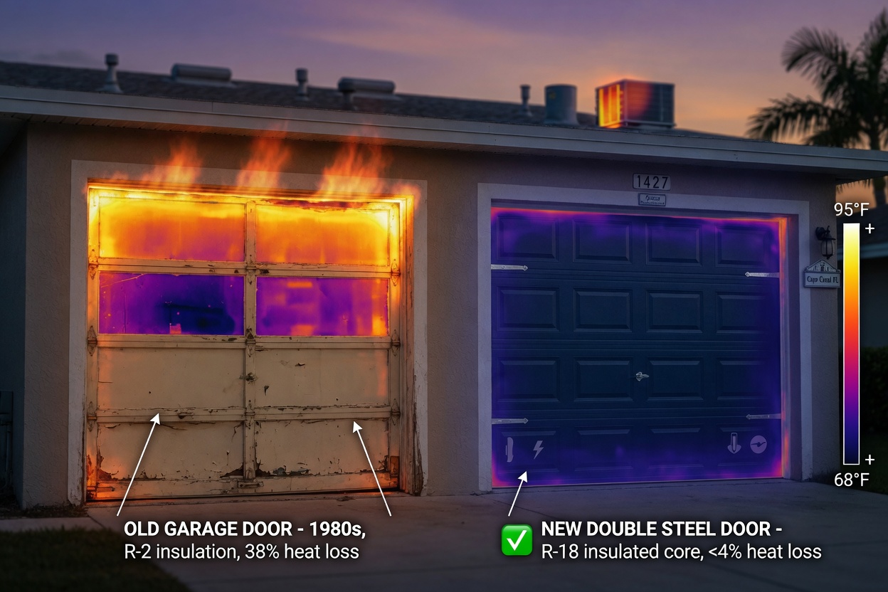 Energy efficiency concept illustration with thermal imaging of a Cape Coral home showing heat loss from old garage door versus perfectly insulated new double steel door, scientific yet realistic style