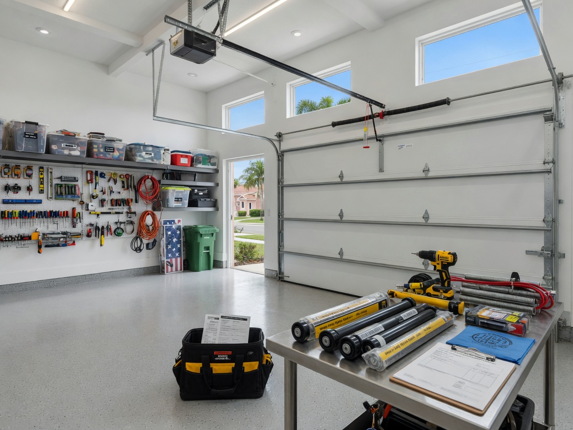 Clean modern garage interior in Cape Coral home after professional repair service, organized tools, new rollers and springs visible, bright lighting, 8K photorealistic
