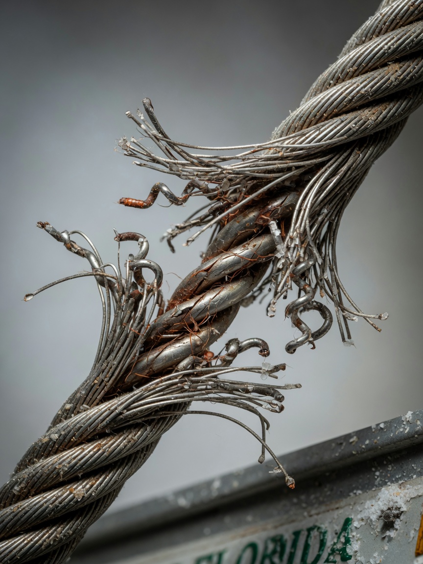 Ultra-realistic 8K close-up of frayed stainless steel garage door cable with visible rust strands caused by salt air exposure in Southwest Florida