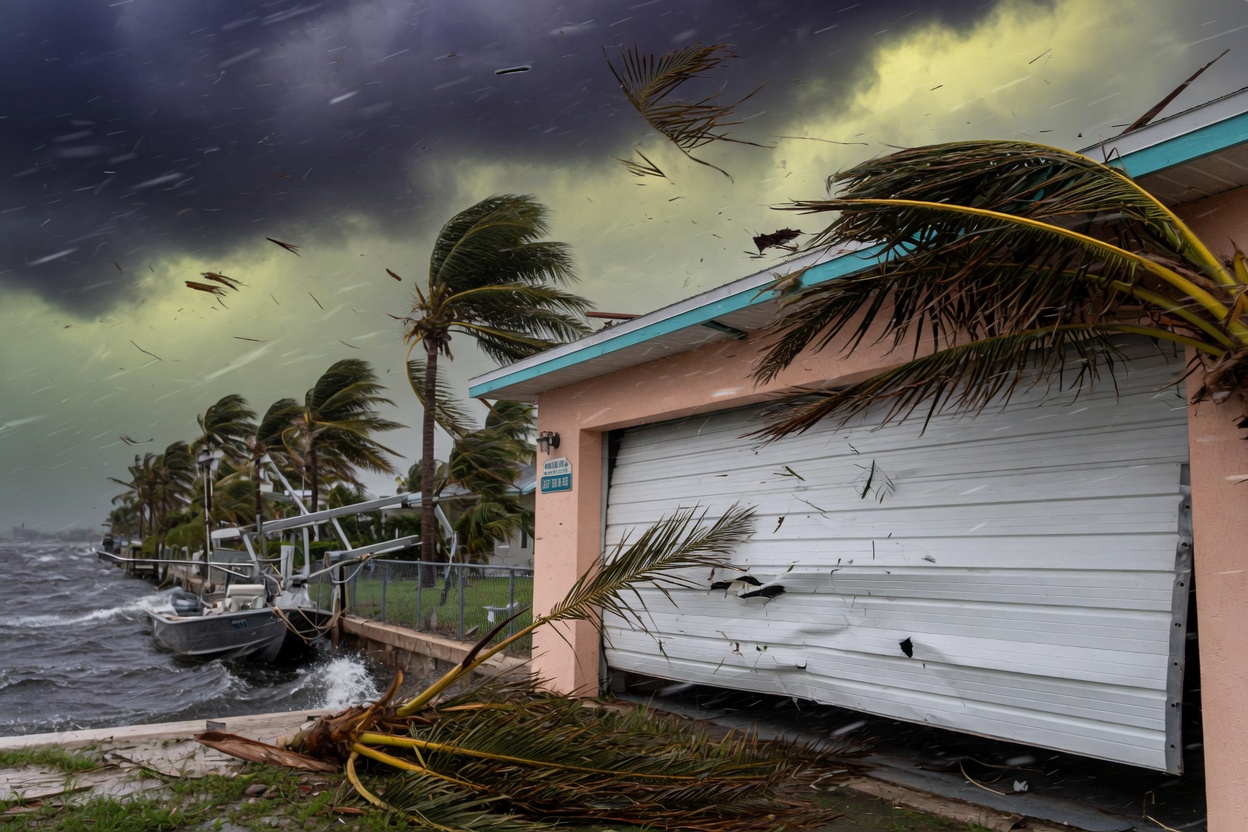 Dramatic 8K photograph of hurricane force winds impacting a garage door on a waterfront Cape Coral property with flying palm fronds and dark storm clouds