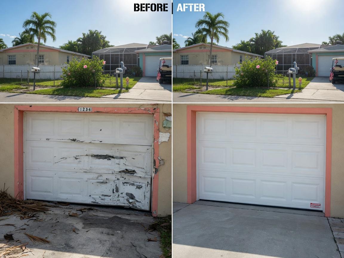 Before and after split image in 8K showing a damaged dented garage door panel on left and perfectly repaired panel on right, Cape Coral neighborhood setting