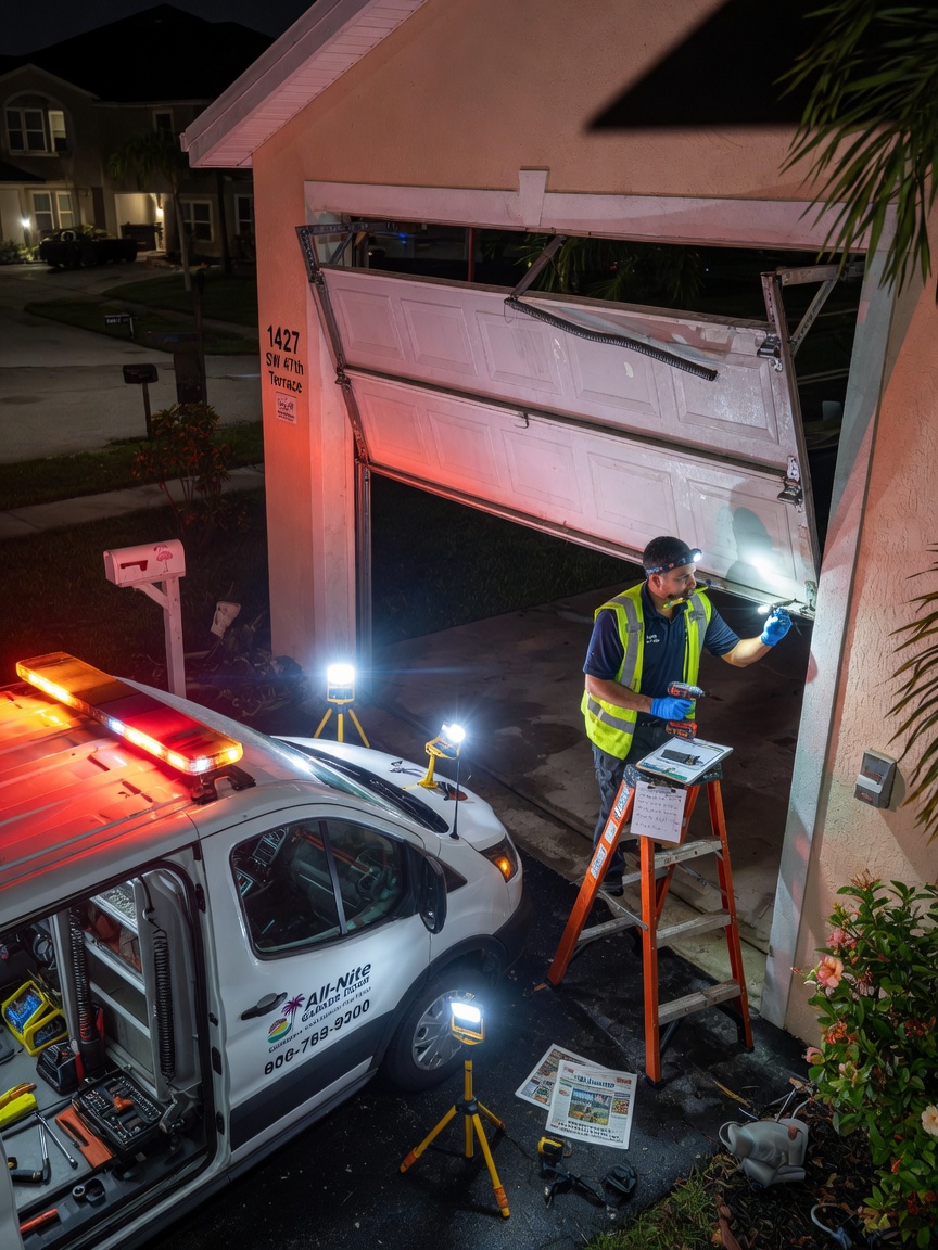 Ultra-realistic 8K image of emergency garage door repair at night with technician using work lights on a stuck open garage door in Cape Coral