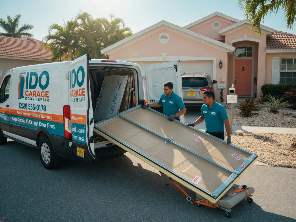 Ido Garage Door Repair service van parked in front of a Cape Coral residence with technicians unloading a new double steel insulated garage door, professional branding visible, bright daylight 8K photo