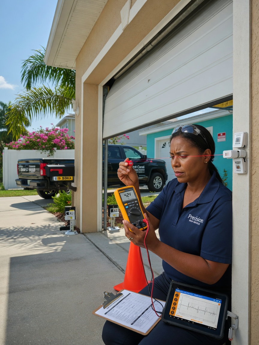 Technician performing safety inspection on garage door sensors with diagnostic tools in 33904 Cape Coral driveway, focused expression, realistic scene, ultra high resolution