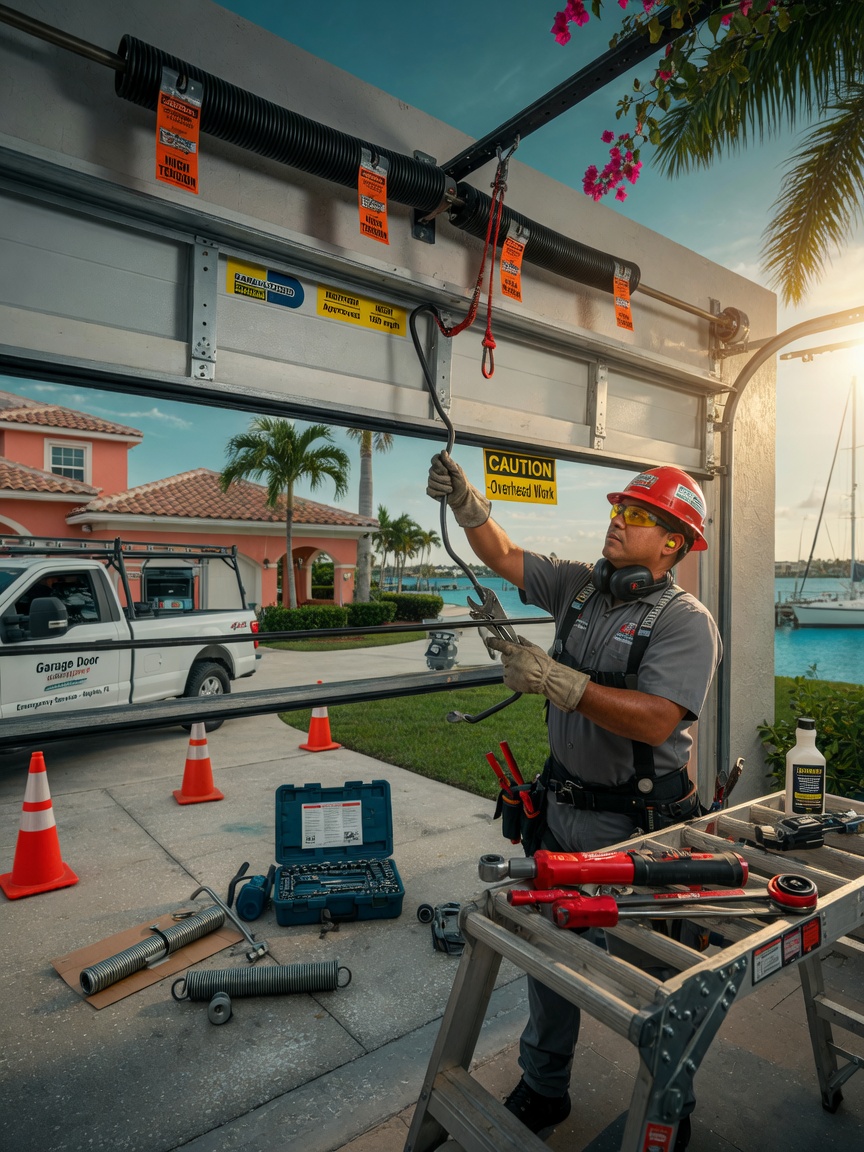 Photorealistic 8K image of technician replacing torsion spring on a wind-rated garage door in Naples Florida, tools and safety equipment visible