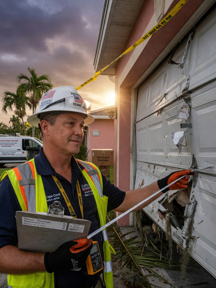 Ultra-realistic 8K portrait of an experienced local garage door technician wearing safety gear examining a storm-damaged door in Cape Coral, professional and trustworthy expression