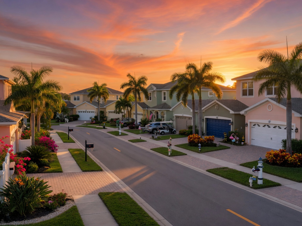 8K cinematic image of a Cape Coral Florida street at sunset with multiple homes featuring well-maintained garage doors, tropical landscaping, peaceful suburban atmosphere