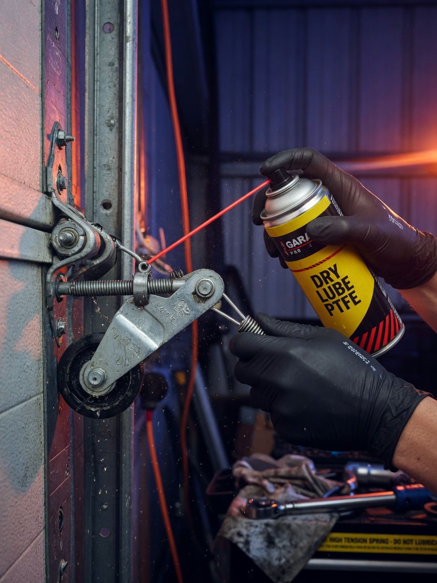 Professional 8K close-up of technician lubricating garage door components with specialized spray, focus on hands and parts, workshop lighting