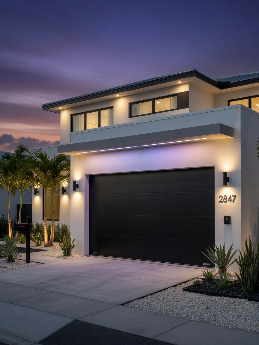 Modern flush panel black new double steel insulated garage door on a contemporary Cape Coral home with minimalist landscaping, dramatic evening lighting with exterior house lights on, ultra detailed