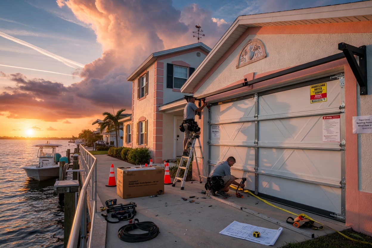 Hurricane-rated reinforced garage door installation on a waterfront Cape Coral property during golden hour, dramatic clouds, detailed architectural textures, 8K cinematic