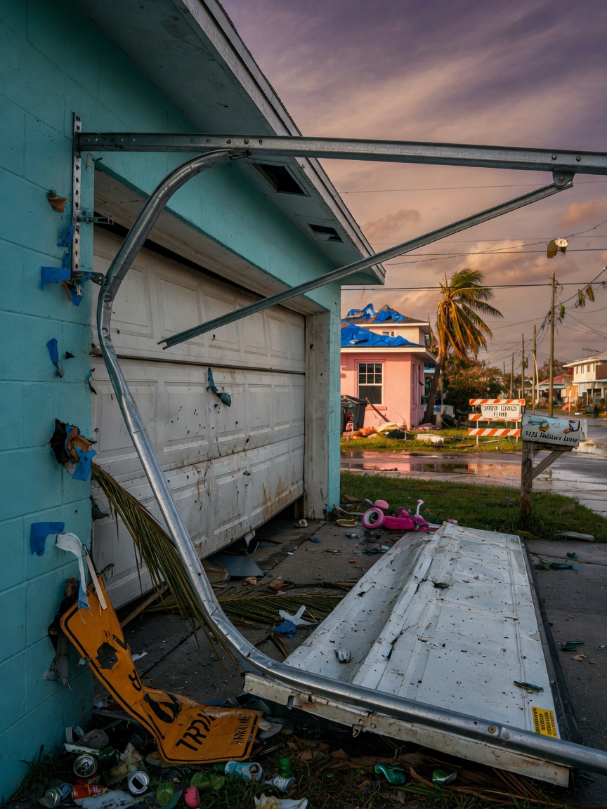 8K ultra-detailed photo of misaligned garage door tracks with visible dents from hurricane debris, coastal neighborhood background