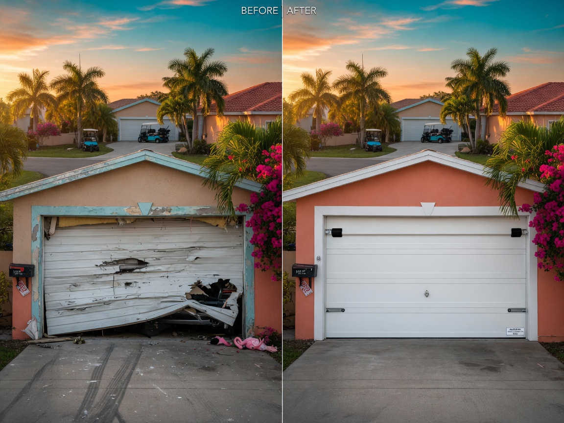 Before and after split screen ultra-realistic 8K image showing a damaged garage door on left and perfectly repaired door on right in the same Cape Coral neighborhood