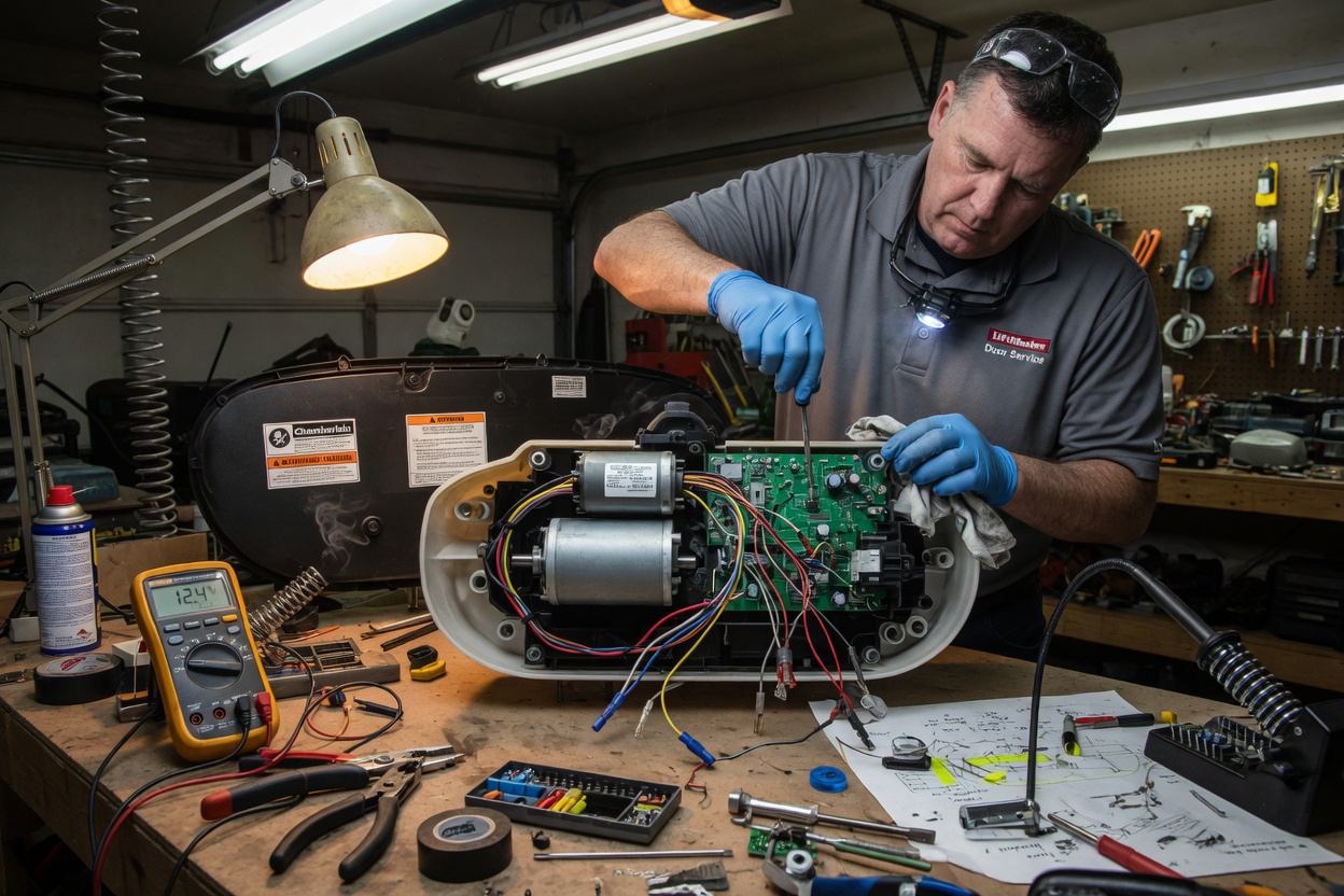 Highly detailed 8K photo of a garage door opener motor being repaired by professional technician, wires, circuit board and tools visible, workshop style lighting