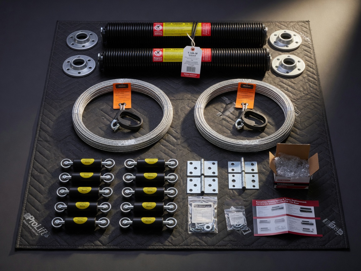 Ultra-realistic 8K photograph of a complete set of new garage door springs, cables, and rollers laid out professionally on a clean service mat