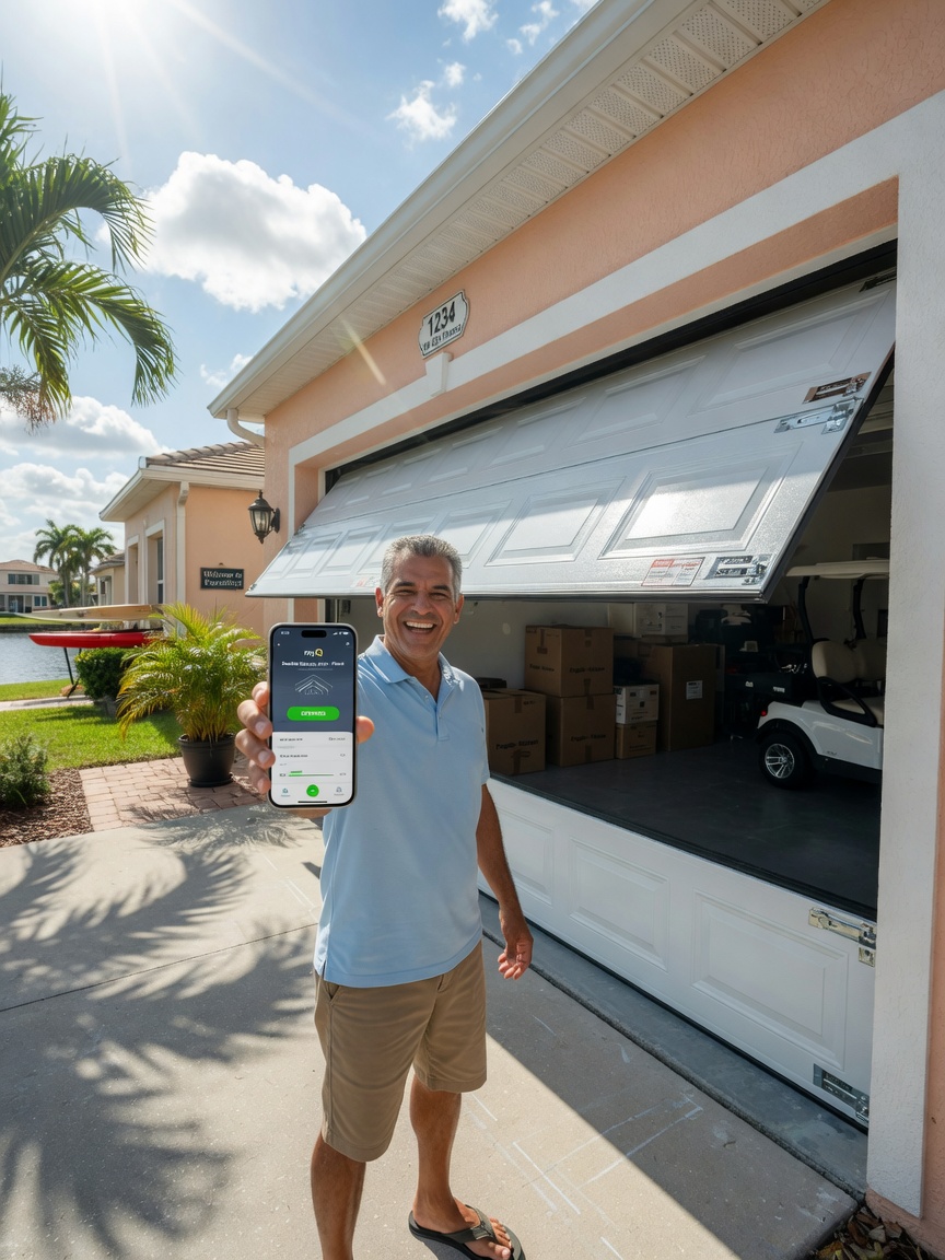 Homeowner in Cape Coral opening a brand new double steel insulated garage door using a smartphone app, modern lifestyle scene, natural sunlight, happy expression, realistic 8K photography
