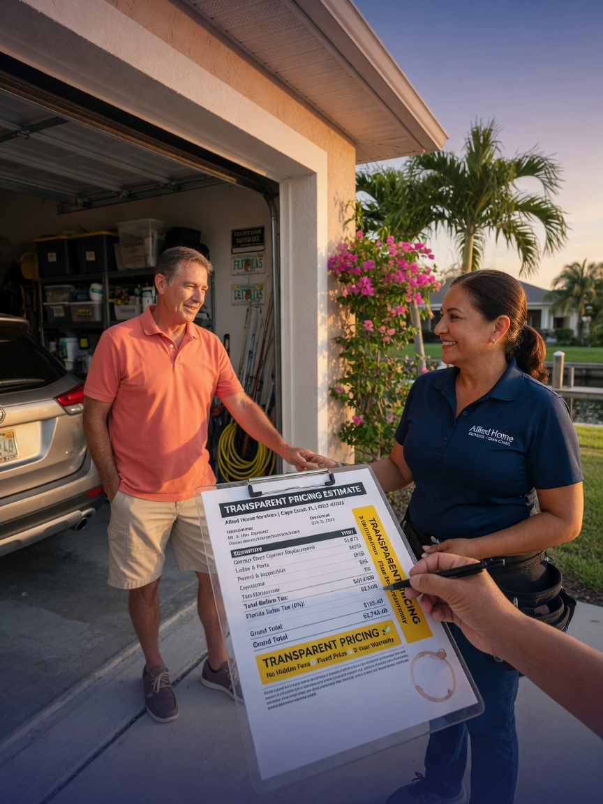 Transparent pricing concept image showing a professional technician presenting a written estimate to a homeowner at their Cape Coral garage entrance, friendly interaction, realistic 8K
