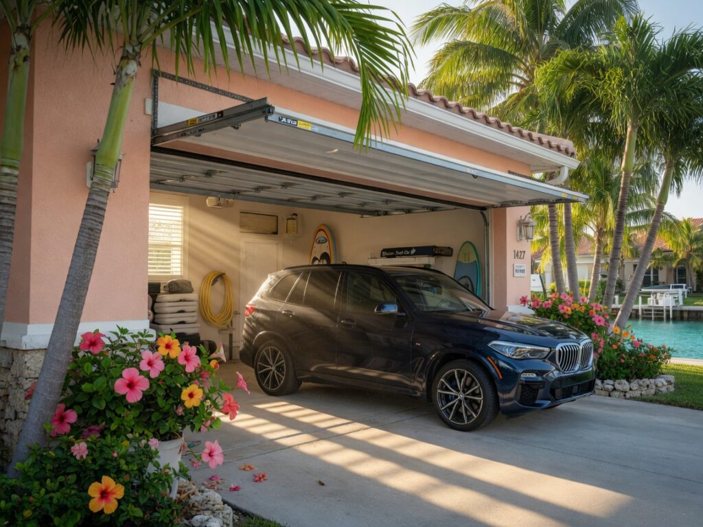 Ultra-realistic 8K photograph of a fully open sectional hurricane-rated garage door with zero panels visible in the doorway, perfectly stacked on ceiling tracks, morning sunlight streaming in, royal palm trees and hibiscus flowers in the foreground, luxurious Cape Coral canal home exterior, 2025 BMW X5 parked inside the garage, highly detailed, cinematic lighting