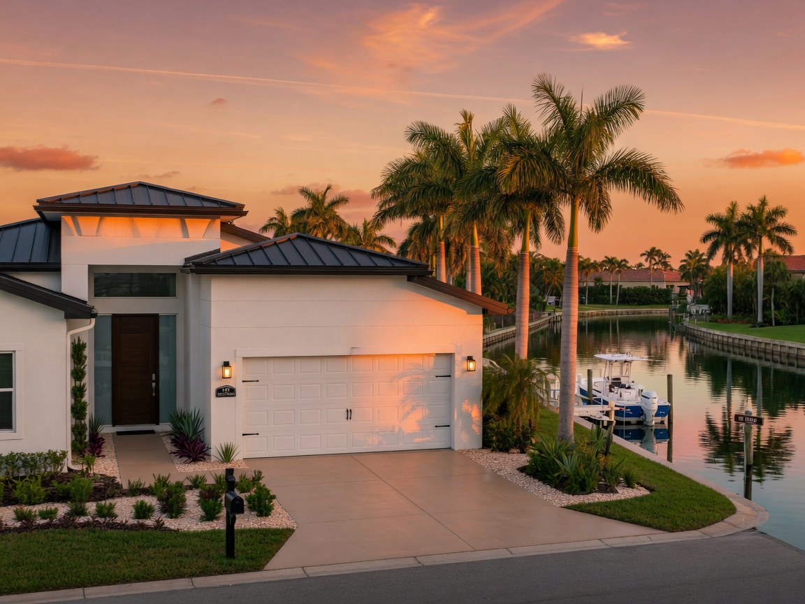 Ultra-realistic 8K photo of a modern Cape Coral Florida home with a white garage door during golden hour sunset, palm trees in background, calm canal visible, highly detailed architectural photography