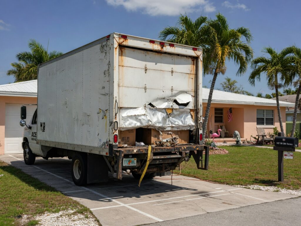 Ultra-realistic 8K photograph of a white box truck with a damaged roll-up door parked in a residential driveway in Cape Coral Florida, bright sunny day, palm trees in background, detailed rust and wear on metal door tracks