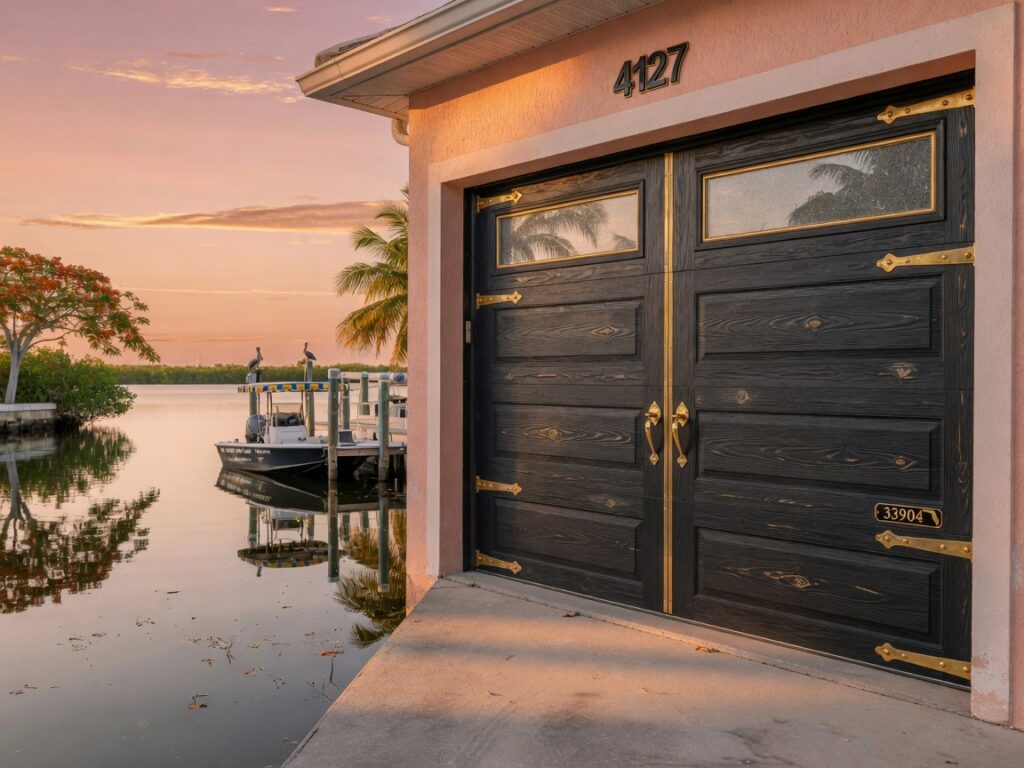 Ultra-realistic 8K photograph of a modern two-car garage door on a waterfront home in Cape Coral Florida 33904 during golden hour, showing detailed wood grain texture and brass hardware with calm canal water in background, professional photography, sharp focus