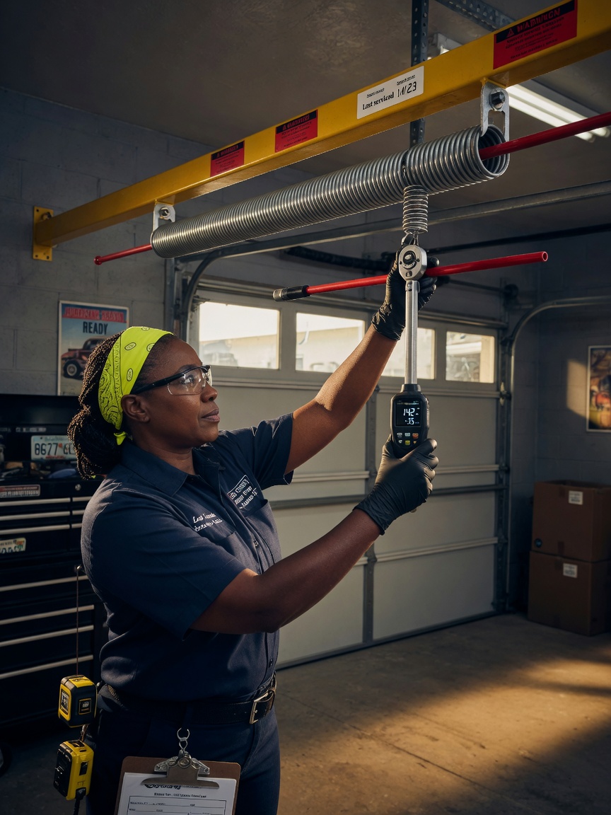 Technician performing balance test on a garage door in a Lee County home, checking spring tension with professional tools, realistic indoor lighting