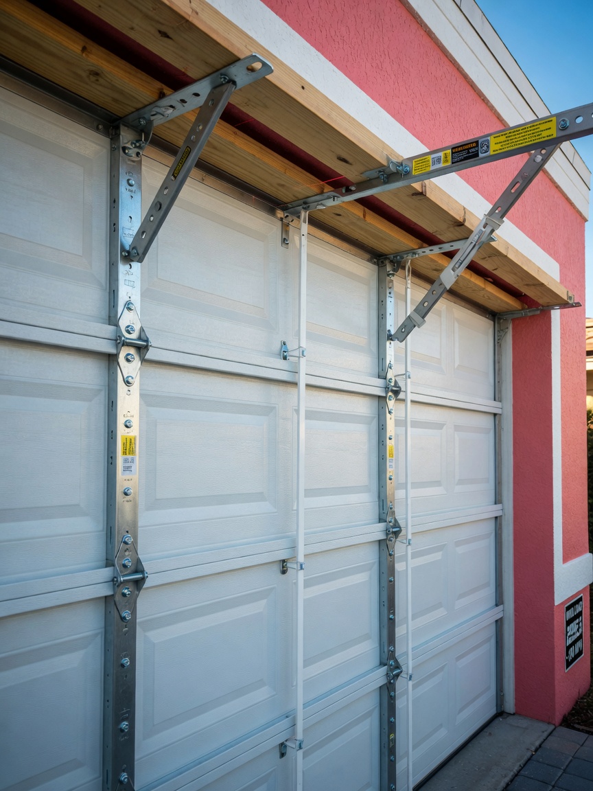 Detailed technical 8K photograph showing proper installation of hurricane-rated garage door reinforcement brackets required by Cape Coral building codes, clean and precise workmanship