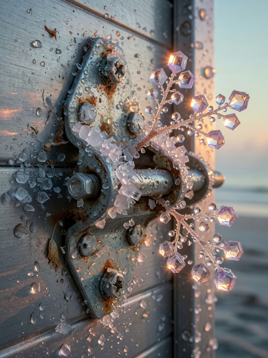 Close-up of salt crystals forming on metal garage door hardware in coastal environment, macro photography, early morning dew, 8K detail